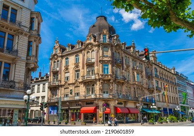 Wiesbaden, Germany - MAY 2011: The Junction Between Wilhelmstraße And Luisenstraße​ In The Inner City Of Wiesbaden. The Wilhelmstraße Is One Of Germany's Busiest, Upscale Shopping Streets.