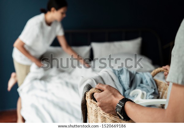 Wife Trying Remove Bed Sheet Blanket Stock Photo (Edit Now) 1520669186