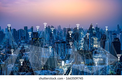 Wifi And 5G Digital Network Concept.Smart City And Communication Network,LPWA (Low Power Wide Area),Wireless Communication,Big Data,iot(internet Of Thing) On Bangkok City Thailand Background.