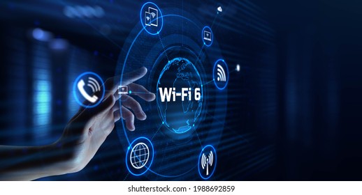 Wifi 6 Wireless internet connection network technology concept. Hand pressing button on virtual screen.