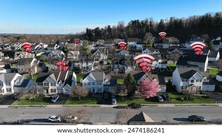 Wifi 7 technology data connection in American neighborhood. High tech, futuristic, fast internet access in houses. Aerial with 3D graphic