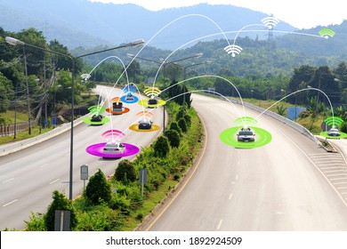 Wifi And Car On Street With Graphic Sensor Signal Technology Concept.