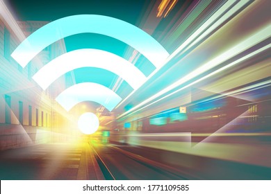 Wifi Icon On The Background Of The Night City. Concept - Free Internet Is Available To Citizens. WiFi Connection Services. Concept - WiFi Access Point Addresses. Wireless Internet In The City.