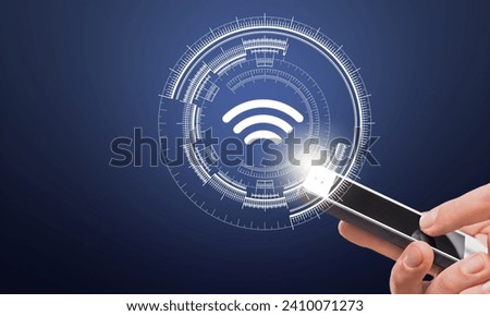 Wi-Fi internet concept. Hand using smartphone with illustration