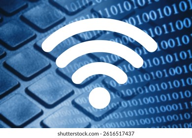 WiFi network digital concept. Wireless internet signal. Binary code background. Technology icon. Online connection. Data transfer. WiFi symbol. Global access. Digital tech theme. Wireless speed.