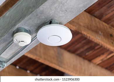 Wifi Router Or Wireless Access Point Omni Type Setup At Ceiling For Internet Connection Space.