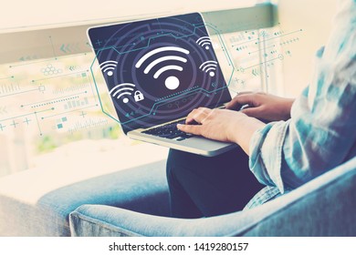 Wifi With Woman Using Her Laptop In Her Home Office