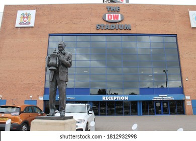 Wigan, England, September, 2020: The DW Sports Stadium Exterior Entrance With Dave Whelan Statue. 