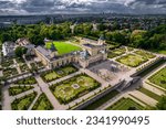 Wilanow, Warsaw, drone, bird view,  aerial, city, urban,  street, building, roof, sky, clouds, summer time