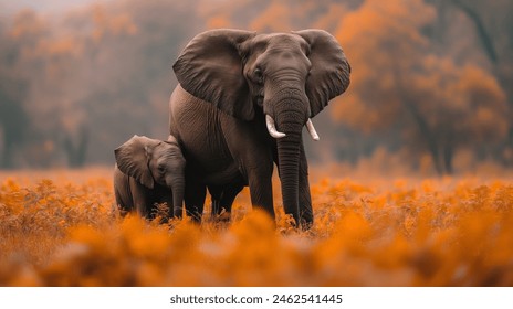 Wild African elephants with baby elephant in field - Powered by Shutterstock