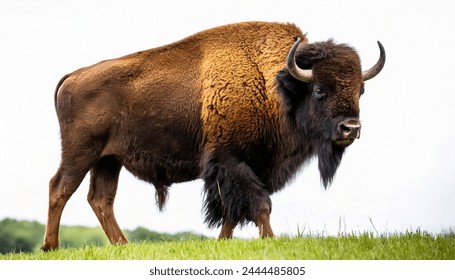 Wild American bison or buffalo - bison bison - are North America largest terrestrial animals standing on grassland prairie isolated on white background 