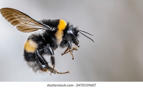 Wild American bumblebee - Bombus pensylvanicus - flying mid air with wings extended. Isolated on grey blue background side profile view - Powered by Shutterstock