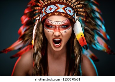 Wild angry Indian woman with headdress