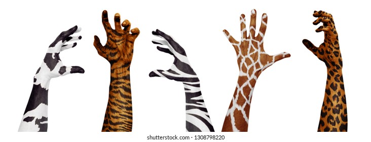 Wild animals skin on human hands. Concept of animal protection, attention to poachers, real skin fashion use. Idea of relation, friendship with animals. Design for posters, banners, advertisement
