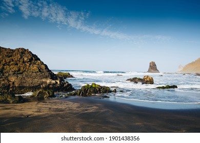 Wild Beach With Black Volcanic Sand On Tenerife Island, Canary Islands, Spain