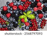 Wild berries background. Blueberry, raspberries, blackberry. Background of berries. Summer berries background. Mixed berries background.