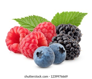 wild berries mix, raspberry, blueberries, blackberries isolated on white background, clipping path, full depth of field