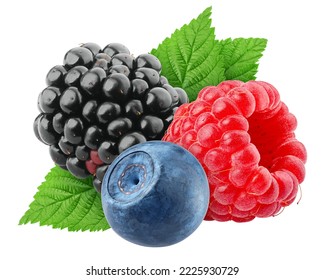 wild Berries mix, raspberry, blueberry, blackberry, isolated on white background, clipping path, full depth of field