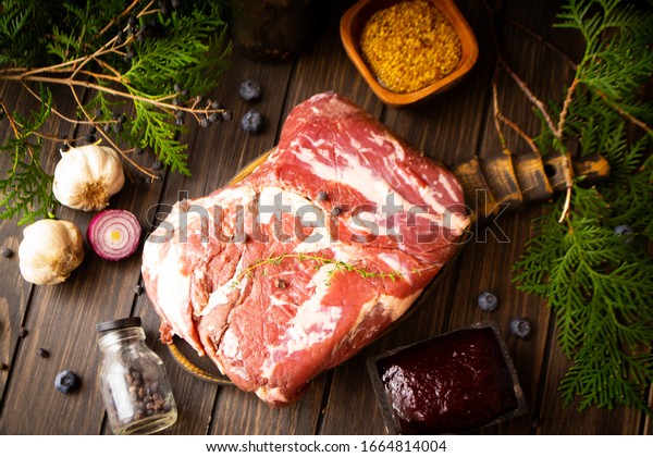 Wild boar, Wild game\
meat. flat lay image