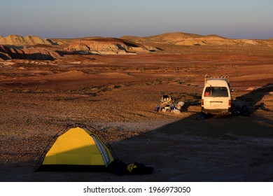 Wild camping in the desert, tent and van