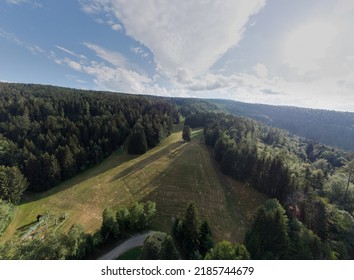 Wild Camping With Van Or Truck RV Gear. Aerial Drone Vertical View Of A Van Life Camp. Vanlife Style, Three Trucks Parked Next To A Tree With Campers Enjoying Next To A Table.