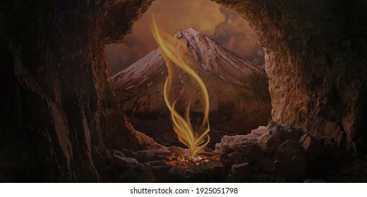 Wild Fire In A Cave With A Mountain. Consuming Fire. Wilderness Travel Fire