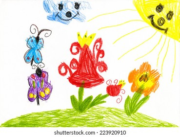 wild flower and butterfly on sunny meadow. child drawing