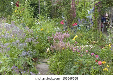 Wild Flowers And Garden Path  In A Cottage Garden.