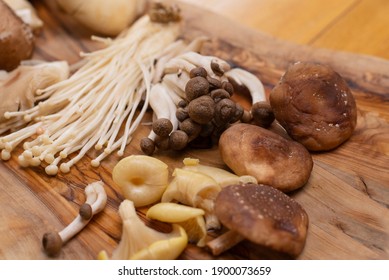 Wild Foraged Mushroom selection on wooden background.
 - Shutterstock ID 1900073659