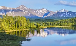 Wild Forest Lake In The Altai Mountains On A Summer Morning, Picturesque Reflection