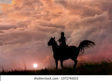 Wild Horse And Girl Like Film, Silhouette On Colorful Storm Clouds 