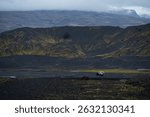 Wild Icelandic landscape with lone camper truck