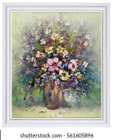 Wild Meadow Flowers  Bouquet In Ceramic Vase. Handmade Oil Art Painting In White Wooden Frame. Isolated Studio Shot