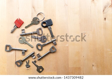Wild mixture of different keys and key types shows the diversity in locking and security mechanisms for safety and treasury with secure steel for doors and treasure chests to lock expensive things up