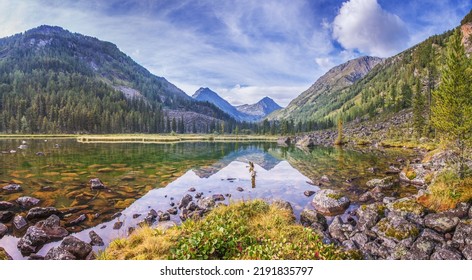 Wild Mountain Lake, Summer Landscape, Reflection In The Water And Stones At The Bottom