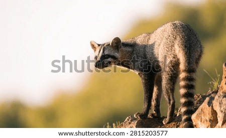 A wild ringtail cat stands on a rocky surface with detailed fur and alert facial features