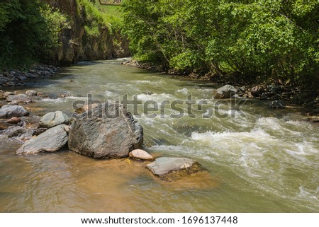 Wild river with muddy water in the Caucasus. A mountain stream flows into a fast-flowing mountain river. Amazing rapid water flow flowing over the stones.