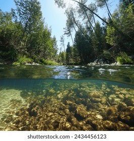 Wild river over and under water surface split view, natural scene, Spain, Galicia, Pontevedra province