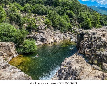 Wild Swimming In Chassezac River In Lozere District In France