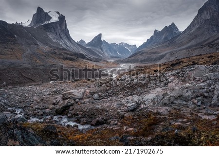 Wild Weasel river winds through  remote arctic valley of Akshayuk Pass, Baffin Island, Canada on a cloudy day. Dramatic arctic landscape with Mt. Breidablik and Mt. Thor. Autumn colors in the arctic.