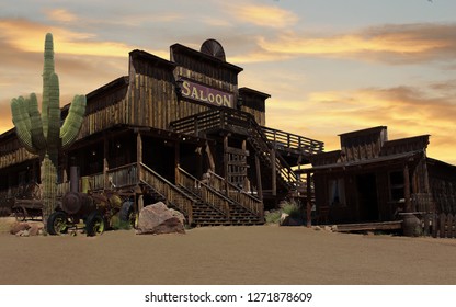 Wild West Cowboy Town At Sunset 