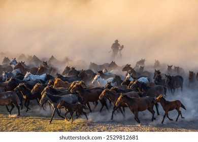 Wild Yilki Horses (Vahşi Yılkı Atları) in the Dust Drone Photo, Hürmetci Village Hacılar, Kayseri Turkiye (Turkey)