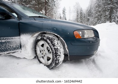 Wildalpen, Austria, 14 Feb 2012, Volvo V70 Station Wagon On A Mountain Road With Deep Snow In The Austrian Alps