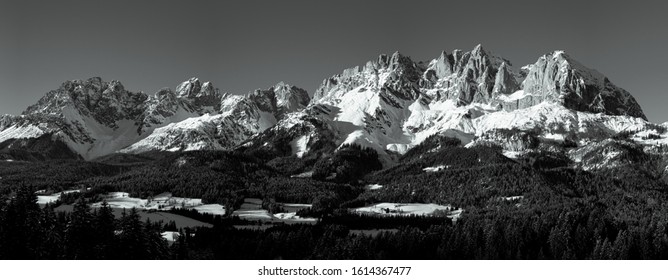 Wilder Kaiser Panorama Mountains By Sunset In Winter