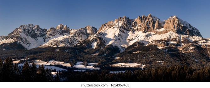 Wilder Kaiser Panorama Mountains By Sunset In Winter