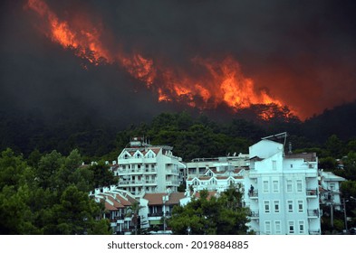 Wildfire in the forest near a resort town (Marmaris, Turkey. August 29,2021)