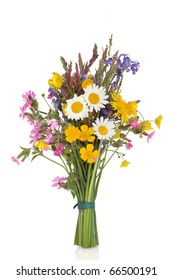 Wildflower And Grass Varieties Tied In A Bunch Isolated Over White Background.