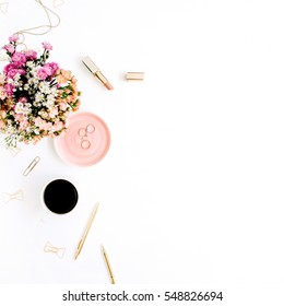Wildflowers bouquet, coffee cup, golden pen, clips and accessories. Styled flat lay mockup