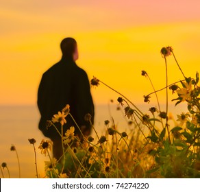 Wildflowers by the shore, against the sunset and a lone man in the distance - Powered by Shutterstock