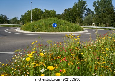 Wildflowers at the traffic circle. Round traffic island with blue road sign. Intersection on german road. Nobody. Germany.